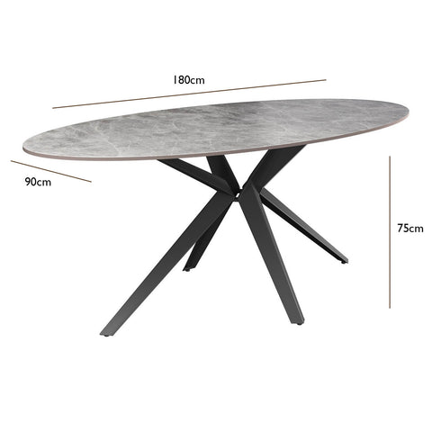 Lina 180cm Grey Gloss Ceramic Oval Dining Table - Dimensions 