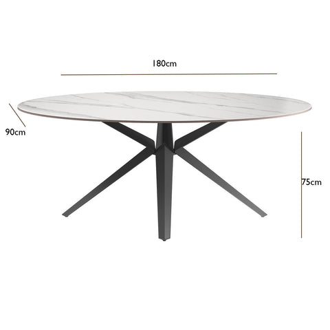 Lina 180cm White Gloss Ceramic Oval Dining Table - Dimensions 