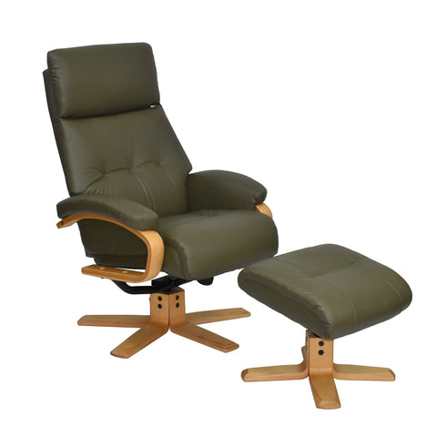 Valencia Faux Leather Swivel Recliner Chair and Footstool, also available in Charcoal, Olive Green and Navy - Olive Green Recliner Chair