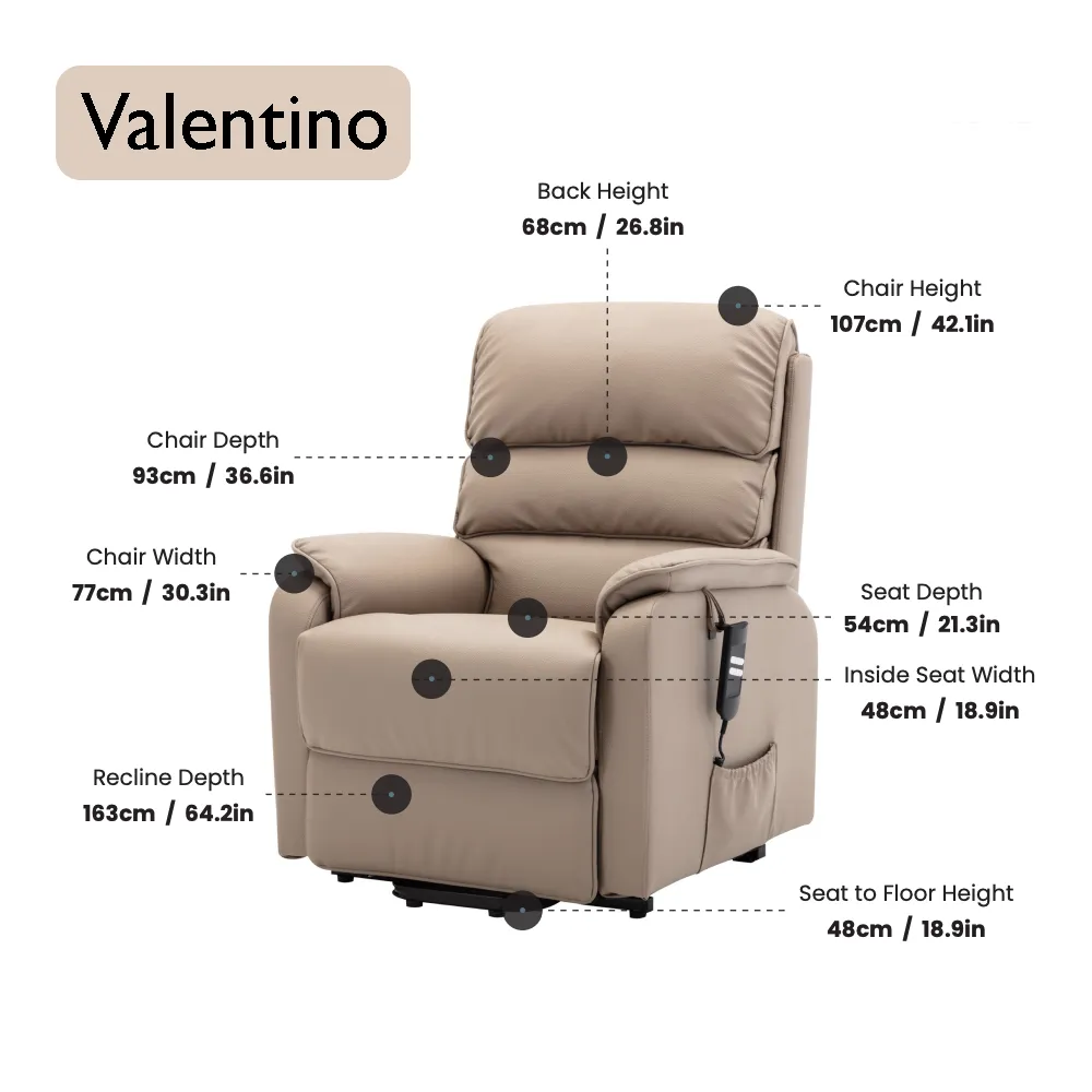 Valentino Pebble Plush Faux Leather Double Motor Rise and Recline Chair - Dimensions