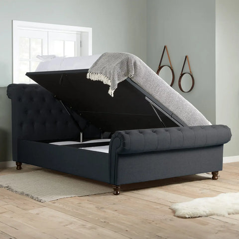 Venice Ottoman Bed: A chic statement piece with buttoned detailing, rolled headboard, and Ottoman storage. Elevate your bedroom with unbeatable comfort and style during this limited-time sale. Available in Double, Small Double, and King sizes - Ottoman Lifestyle Image 