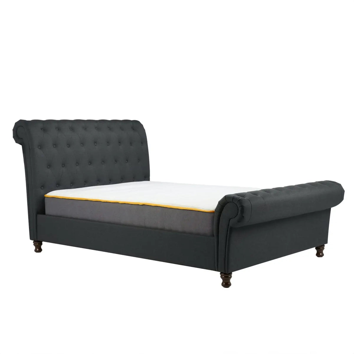 Venice Bed: A chic statement piece with stylish buttoned detailing, rolled headboard, and footboard design. Upholstered in polyester, available in steel, charcoal, or grey fabric. Dark rubberwood feet. Versatile options include Double Bed, Small Double Bed, and King Bed sizes - Main Image