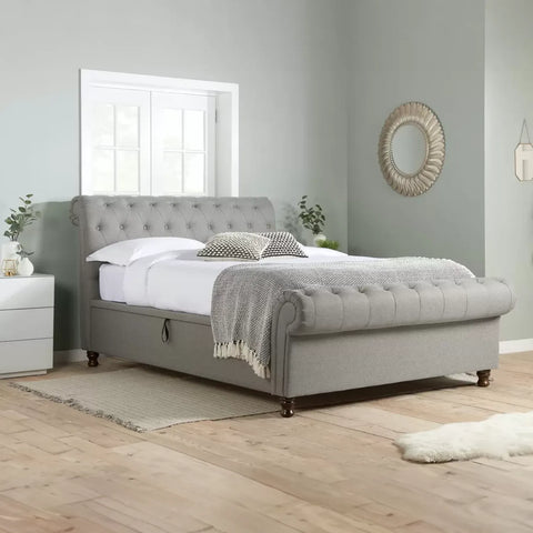 Venice Ottoman Bed: A chic statement piece with buttoned detailing, rolled headboard, and Ottoman storage. Elevate your bedroom with unbeatable comfort and style during this limited-time sale. Available in Double, Small Double, and King sizes - Lifetsyle Image