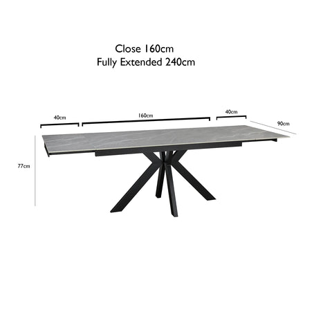 Vida Grey Ceramic Top 8 to 10 Seater Extending Dining Table  - Dimensions