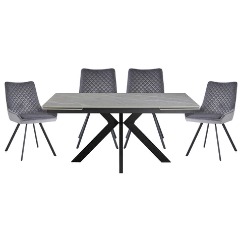 Vida Grey Ceramic Top Double Extending Dining Table with Valentino Plush Velvet Dining Chairs