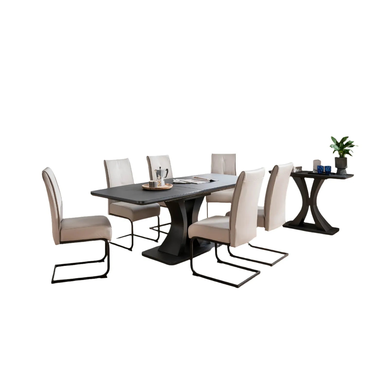 Delta 160-200cm Extendable Charcoal Dining Table with 6 Chairs