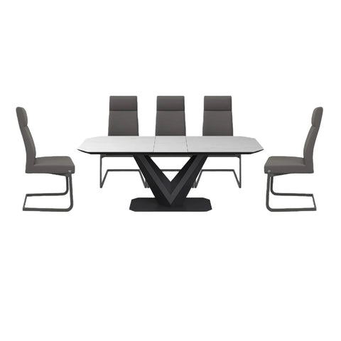 Vizzari White Matte Ceramic Extending Dining Table, 8 Seater Dining Table with. Chairs