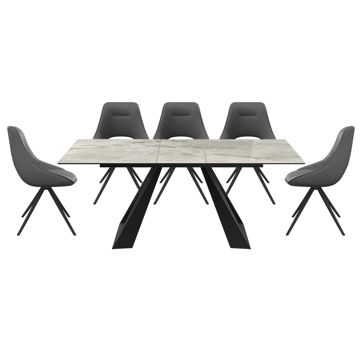 Vortex High Gloss Grey Ceramic Extending Dining Table with Leather Swivel Dining Chairs