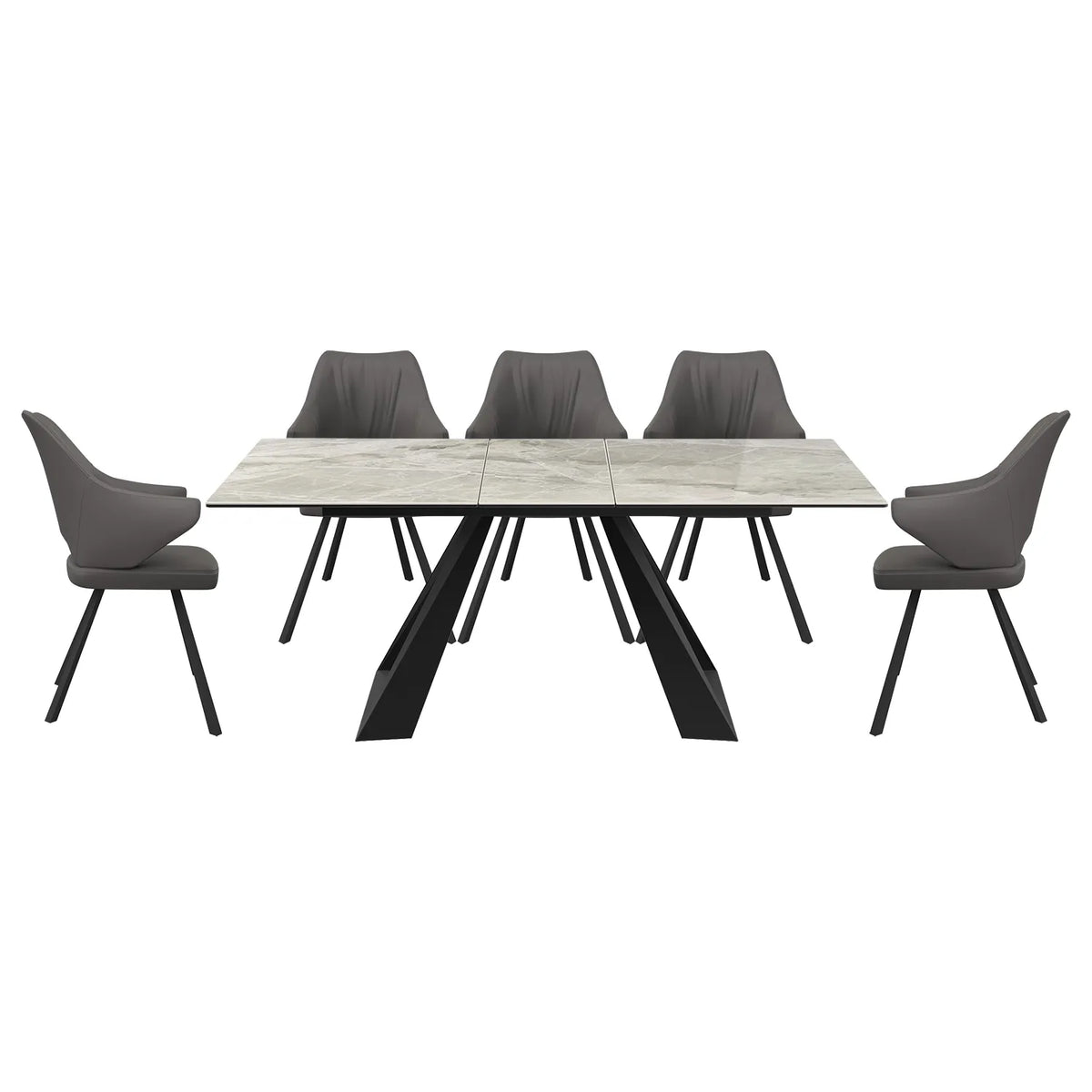 Vortex Light Grey High Gloss Ceramic Extending Dining Table with Leather Dining Chairs