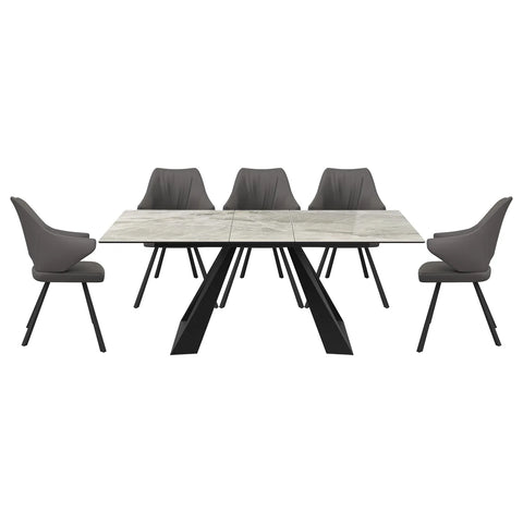 Vortex Light Grey High Gloss Ceramic Extending Dining Table with Leather Dining Chairs