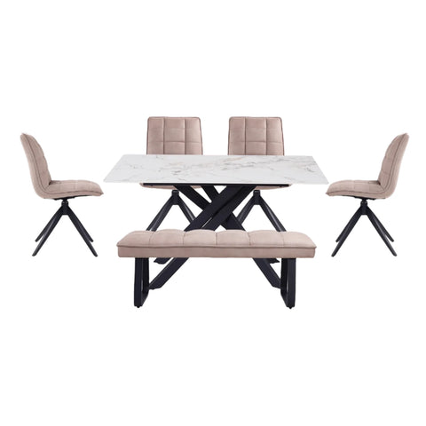 Warrior White Compact Fixed Dining Table With 2 Dining Chairs and Low Bench Set - Table with 4 Chairs and Bench 