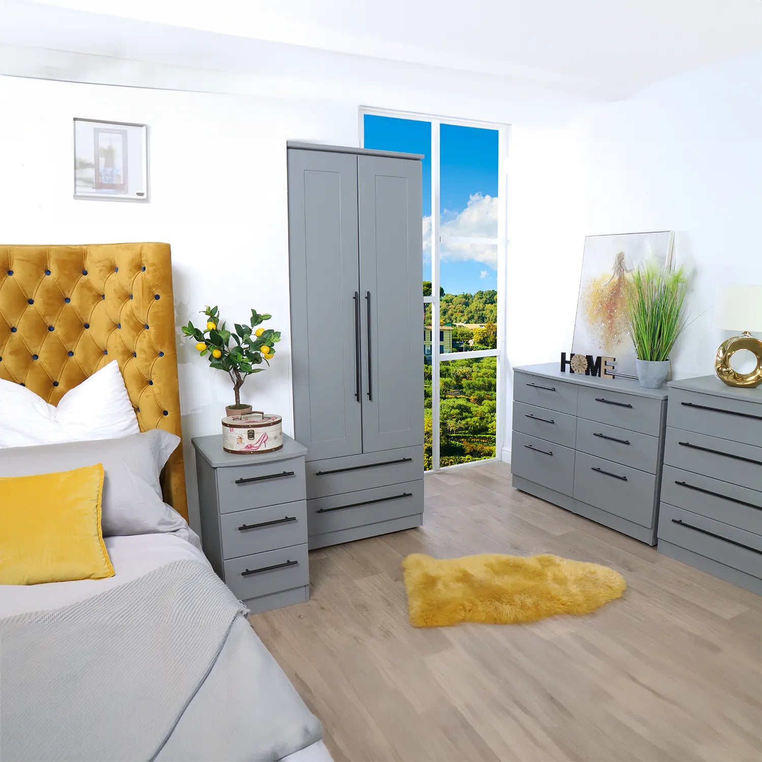 Bedroom Furniture Beverly 3 Drawer Bedside Cabinet, Long Black Door Handles, Available in 3 Colours, Grey, White and Kashmir. Quick Delivery, Comes Assembled - Lifestyle Image Showcasing Bedroom Set