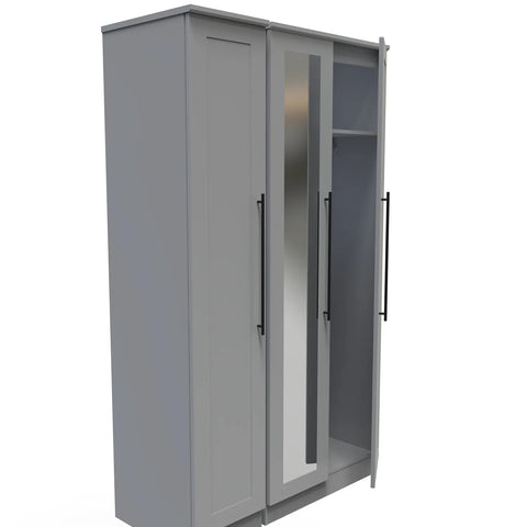 Beverly Dusk Grey 3 Door Wardrobe, Available in Choice of 3 Colours, White, Grey and Kashmir , Free Quick Delivery. Ready Assembled - Open Door