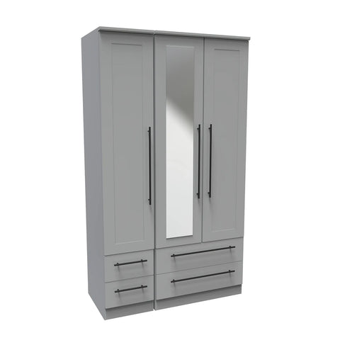 Beverly Dusky Grey 3 Door Wardrobe with Mirror & Drawers, Available in Choice of 3 Colours, White, Grey and Kashmir , Free Quick Delivery. Ready Assembled - Angled View