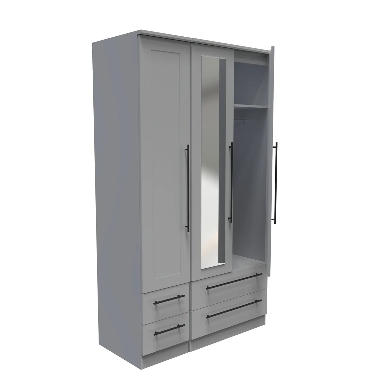 Beverly Dusky Grey 3 Door Wardrobe with Mirror & Drawers, Available in Choice of 3 Colours, White, Grey and Kashmir , Free Quick Delivery. Ready Assembled - Open Door