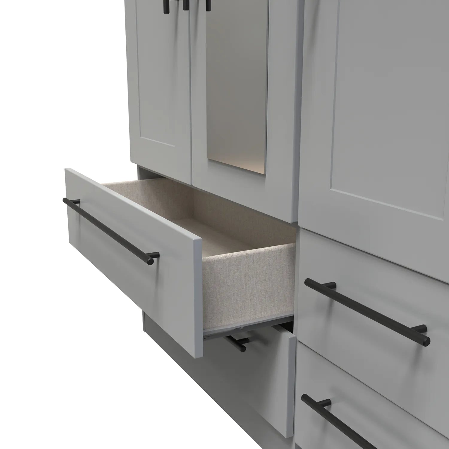 Beverly Dusky Grey 3 Door Wardrobe with Mirror & Drawers, Available in Choice of 3 Colours, White, Grey and Kashmir , Free Quick Delivery. Ready Assembled - Open Drawer