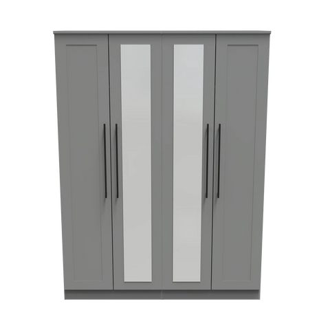 Beverly Dusk Grey 4 Door Wardrobe with Mirror, Available in Choice of 3 Colours, White, Grey and Kashmir , Free Quick Delivery. Ready Assembled - Front View