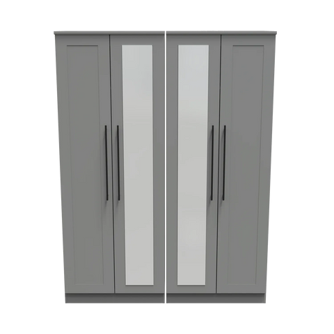 Beverly Dusk Grey 4 Door Wardrobe with Mirror, Available in Choice of 3 Colours, White, Grey and Kashmir , Free Quick Delivery. Ready Assembled 