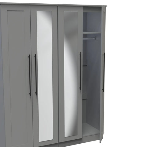 Beverly Dusk Grey 4 Door Wardrobe with Mirror, Available in Choice of 3 Colours, White, Grey and Kashmir , Free Quick Delivery. Ready Assembled - open door View