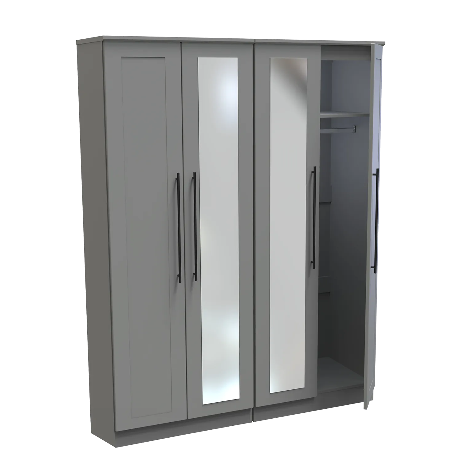 Beverly Dusk Grey 4 Door Wardrobe with Mirror, Available in Choice of 3 Colours, White, Grey and Kashmir , Free Quick Delivery. Ready Assembled - Door Open