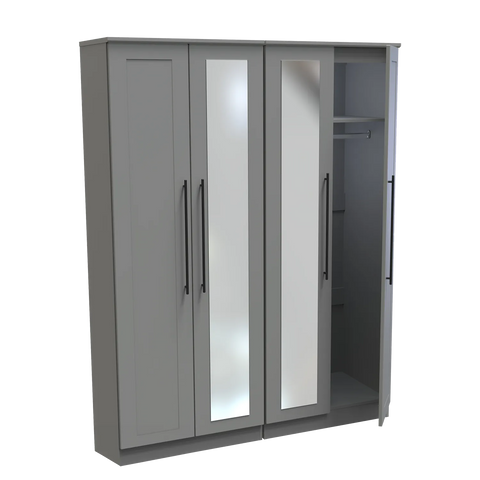 Beverly Dusk Grey 4 Door Wardrobe with Mirror, Available in Choice of 3 Colours, White, Grey and Kashmir , Free Quick Delivery. Ready Assembled - Door Open