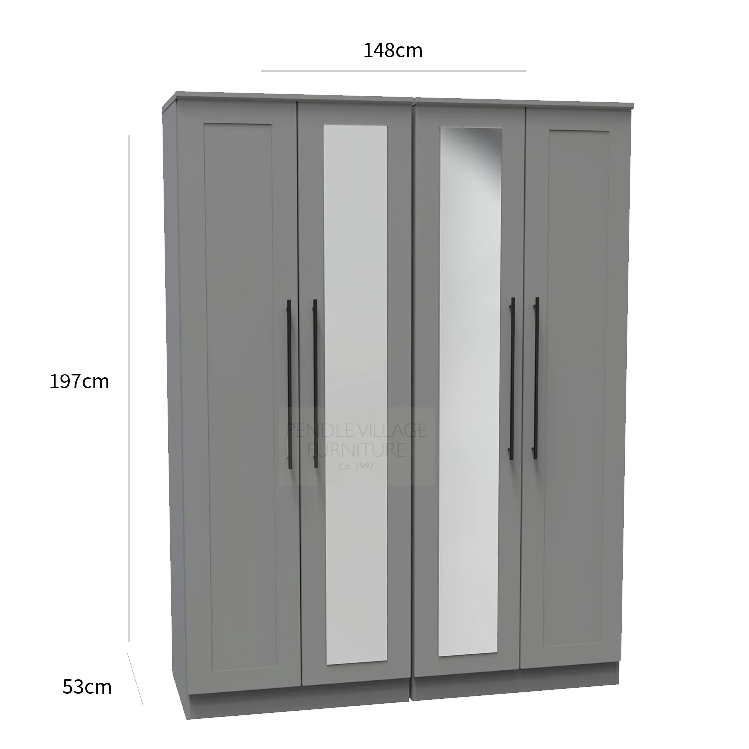 Beverly Dusk Grey 4 Door Wardrobe with Mirror, Available in Choice of 3 Colours, White, Grey and Kashmir , Free Quick Delivery. Ready Assembled - Dimensions