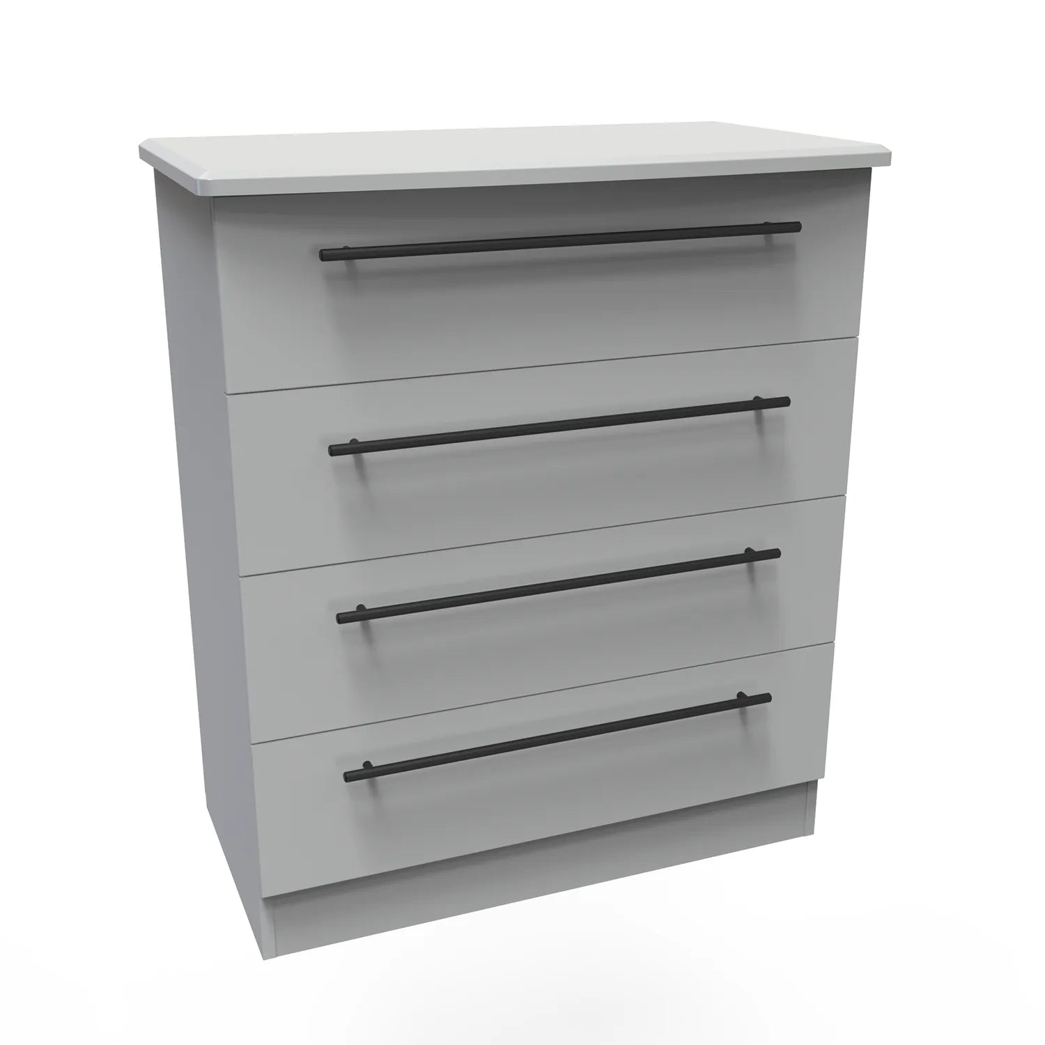 Bedroom Furniture Beverly Grey 4 Drawer Chest, Long Black Door Handles, Available in 3 Colours, Grey, White and Kashmir. Quick Delivery, Comes Assembled - Angled view