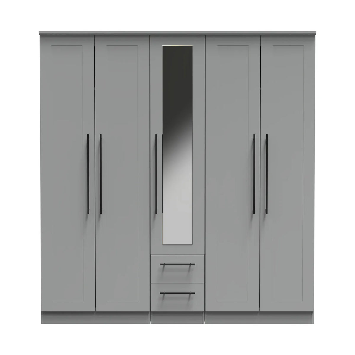 Beverly Dusky Grey 5 Door Wardrobe with Mirror & Drawers, Available in Choice of 3 Colours, White, Grey and Kashmir , Free Quick Delivery. Ready Assembled - Front View