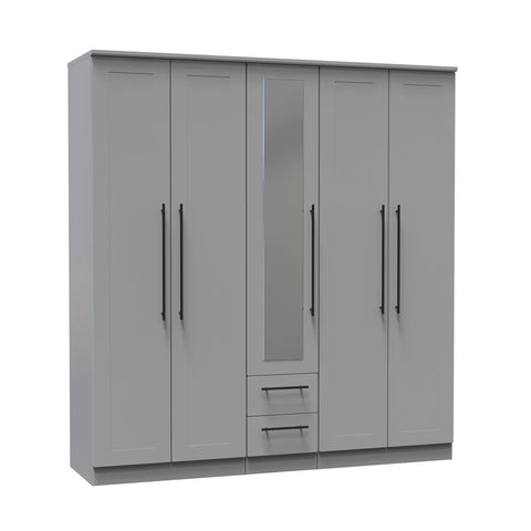 Beverly Dusky Grey 5 Door Wardrobe with Mirror & Drawers, Available in Choice of 3 Colours, White, Grey and Kashmir , Free Quick Delivery. Ready Assembled - Angled View