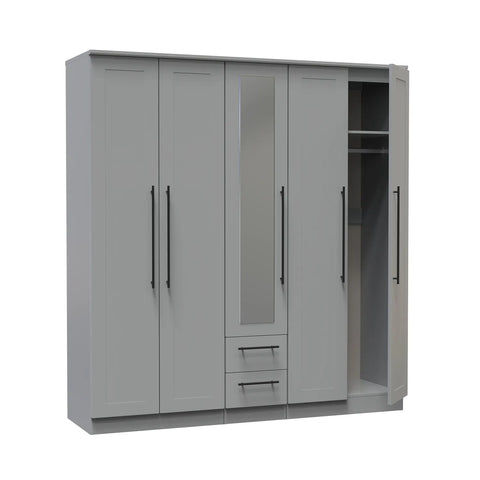 Beverly Dusky Grey 5 Door Wardrobe with Mirror & Drawers, Available in Choice of 3 Colours, White, Grey and Kashmir , Free Quick Delivery. Ready Assembled - Open Door