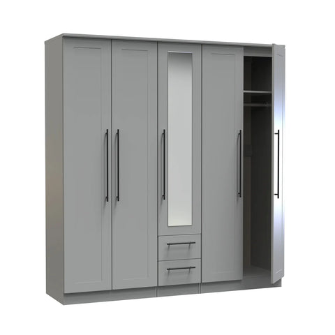 Beverly Dusky Grey 5 Door Wardrobe with Mirror & Drawers, Available in Choice of 3 Colours, White, Grey and Kashmir , Free Quick Delivery. Ready Assembled - Open Door