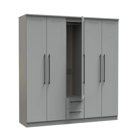 Beverly Dusky Grey 5 Door Wardrobe with Mirror & Drawers, Available in Choice of 3 Colours, White, Grey and Kashmir , Free Quick Delivery. Ready Assembled - Middle Open Door