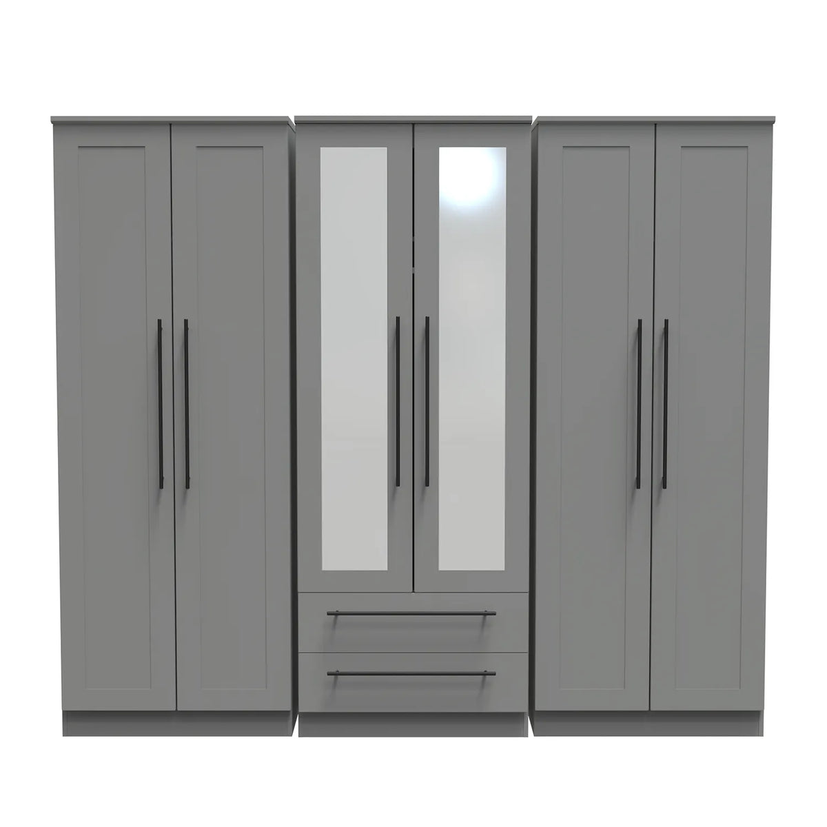 Beverly Dusky Grey 6 Door Wardrobe with Mirror & Drawers, Available in Choice of 3 Colours, White, Grey and Kashmir , Free Quick Delivery. Ready Assembled - Front View