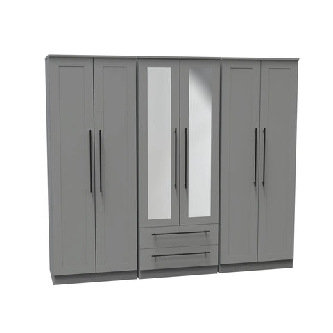 Beverly Dusky Grey 6 Door Wardrobe with Mirror & Drawers, Available in Choice of 3 Colours, White, Grey and Kashmir , Free Quick Delivery. Ready Assembled - Angled View