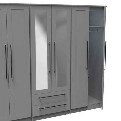 Beverly Dusky Grey 6 Door Wardrobe with Mirror & Drawers, Available in Choice of 3 Colours, White, Grey and Kashmir , Free Quick Delivery. Ready Assembled - Open Door