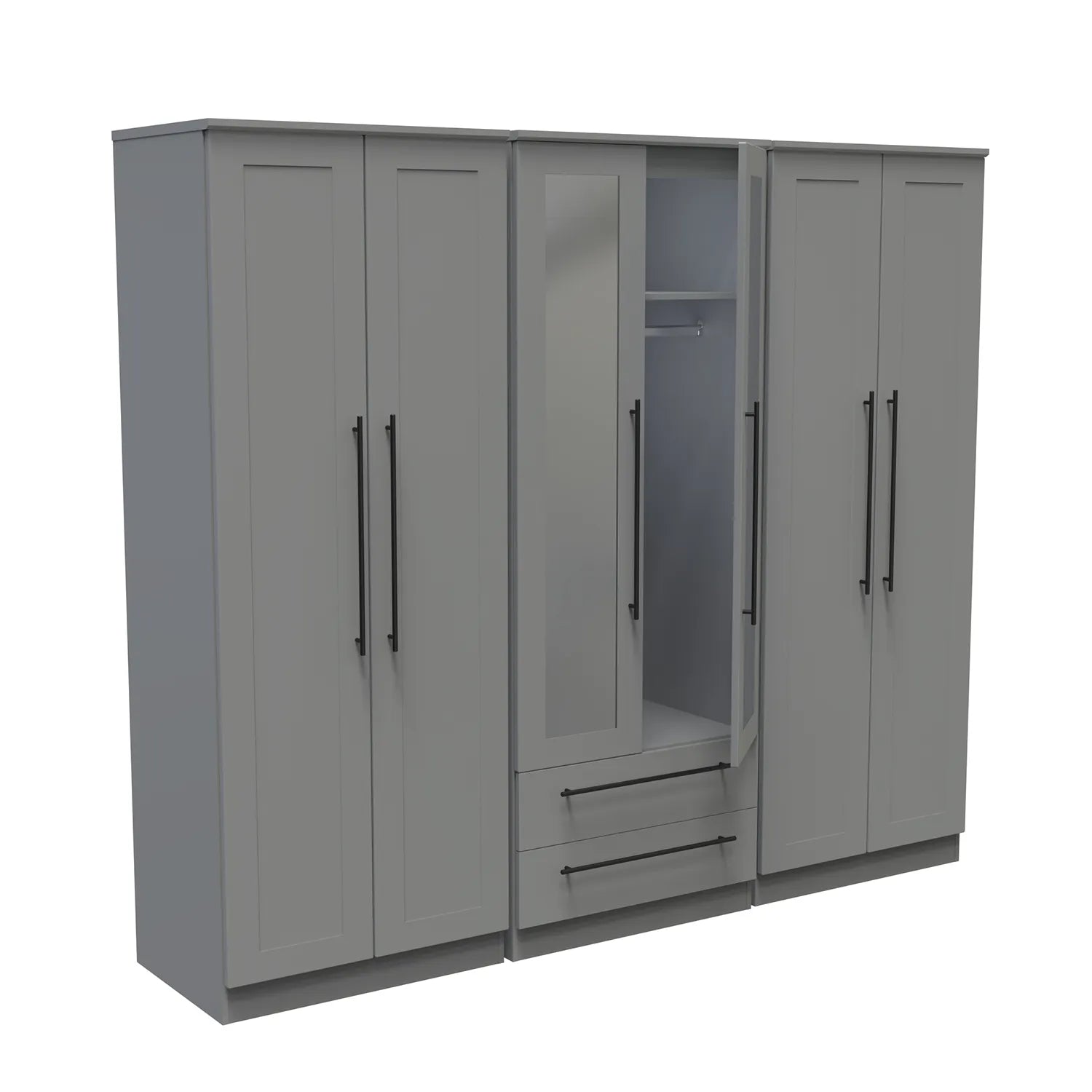 Beverly Dusky Grey 6 Door Wardrobe with Mirror & Drawers, Available in Choice of 3 Colours, White, Grey and Kashmir , Free Quick Delivery. Ready Assembled - Open Door