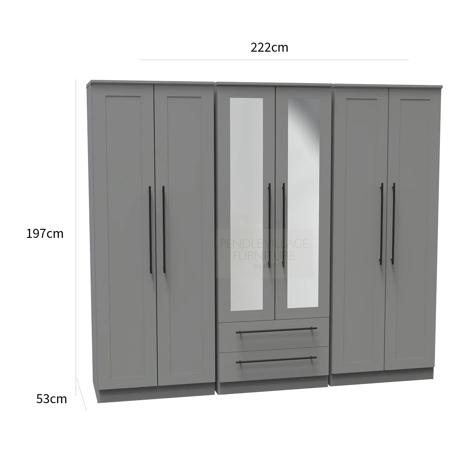 Beverly Dusky Grey 6 Door Wardrobe with Mirror & Drawers, Available in Choice of 3 Colours, White, Grey and Kashmir , Free Quick Delivery. Ready Assembled - Dimensions 