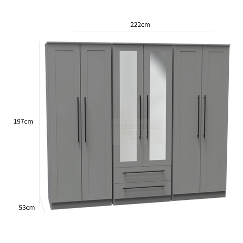 Beverly Dusky Grey 6 Door Wardrobe with Mirror & Drawers, Available in Choice of 3 Colours, White, Grey and Kashmir , Free Quick Delivery. Ready Assembled - Dimensions 