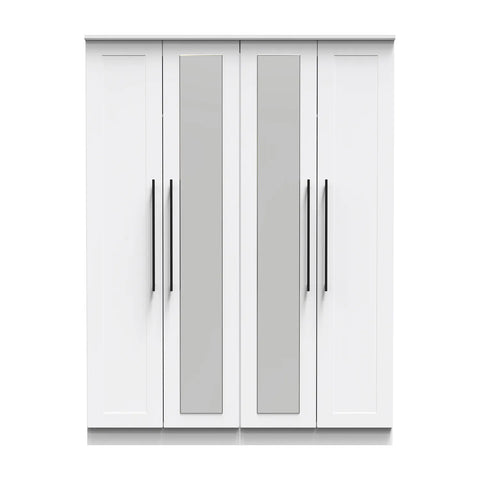 Beverly White Ash 4 Door Wardrobe with Mirror, Available in Choice of 3 Colours, White, Grey and Kashmir , Free Quick Delivery. Ready Assembled