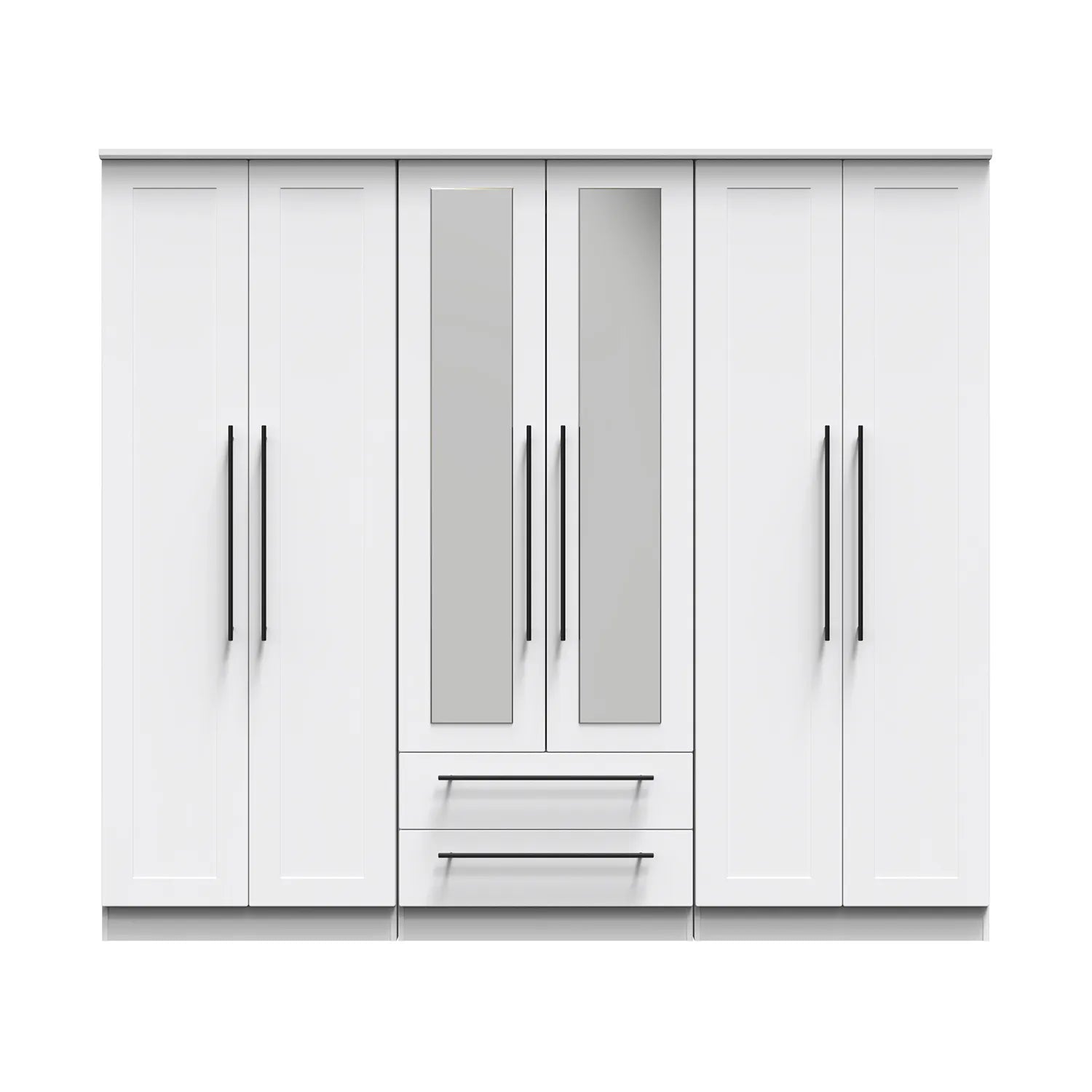 Beverly White Ash 6 Door Wardrobe with Mirror & Drawers, Available in Choice of 3 Colours, White, Grey and Kashmir , Free Quick Delivery. Ready Assembled