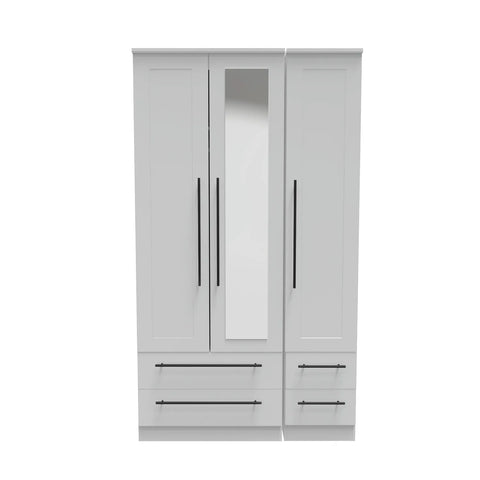 Beverly White Ash 3 Door Wardrobe with Mirror & Drawers, Available in Choice of 3 Colours, White, Grey and Kashmir , Free Quick Delivery. Ready Assembled 