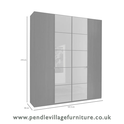 Zenith 200cm 4 Door Hinged Bianco Oak Mirrored Wardrobe. Available in 216cm and 236cm height. Also Available in various colours - 216cm Measurement Image