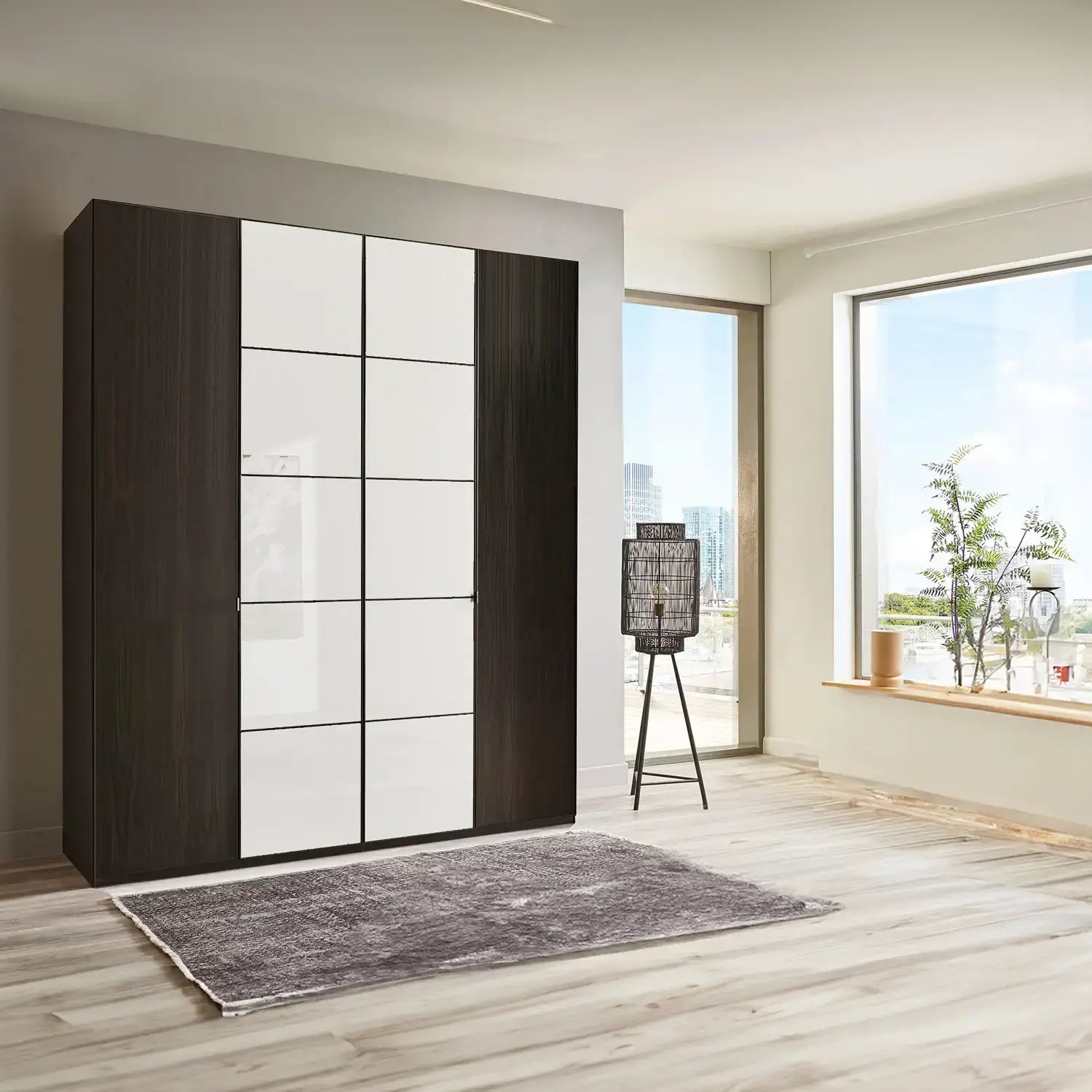 Zenith 200cm 4 Door Hinged Wardrobe Mocca Oak with White Glass Front