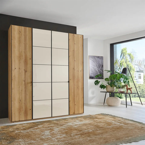 Zenith 200cm 4 Door Hinged Wardrobe Bianco Oak with Champagne Glass. Available in heights 216cm and 236cm. Also available in various colours - Lifestyle Image