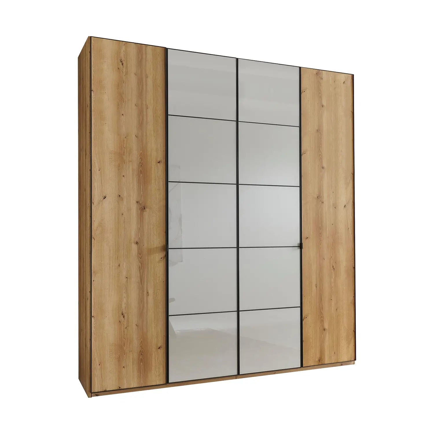 Zenith 200cm 4 Door Hinged Wardrobe Bianco Oak with Pebble Grey Glass