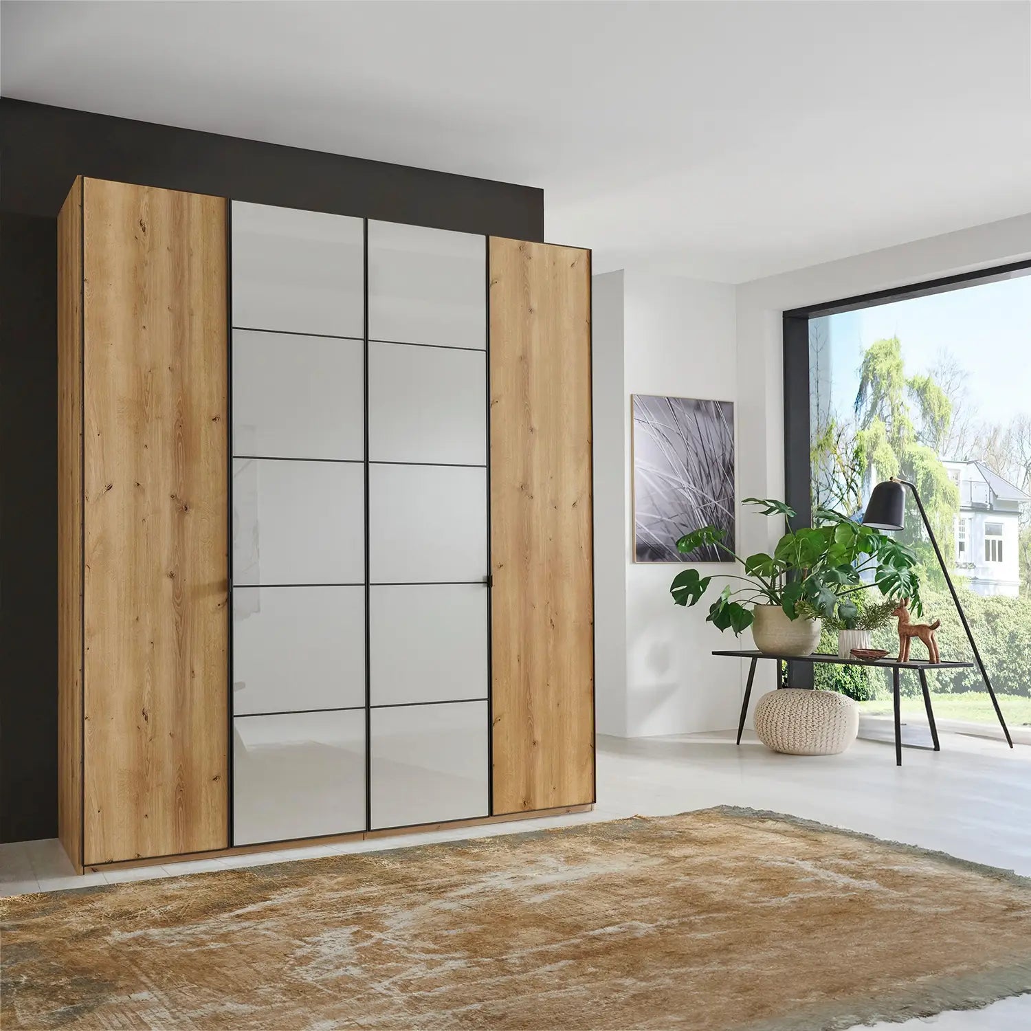 Zenith 200cm 4 Door Hinged Wardrobe Bianco Oak with Pebble Grey Glass