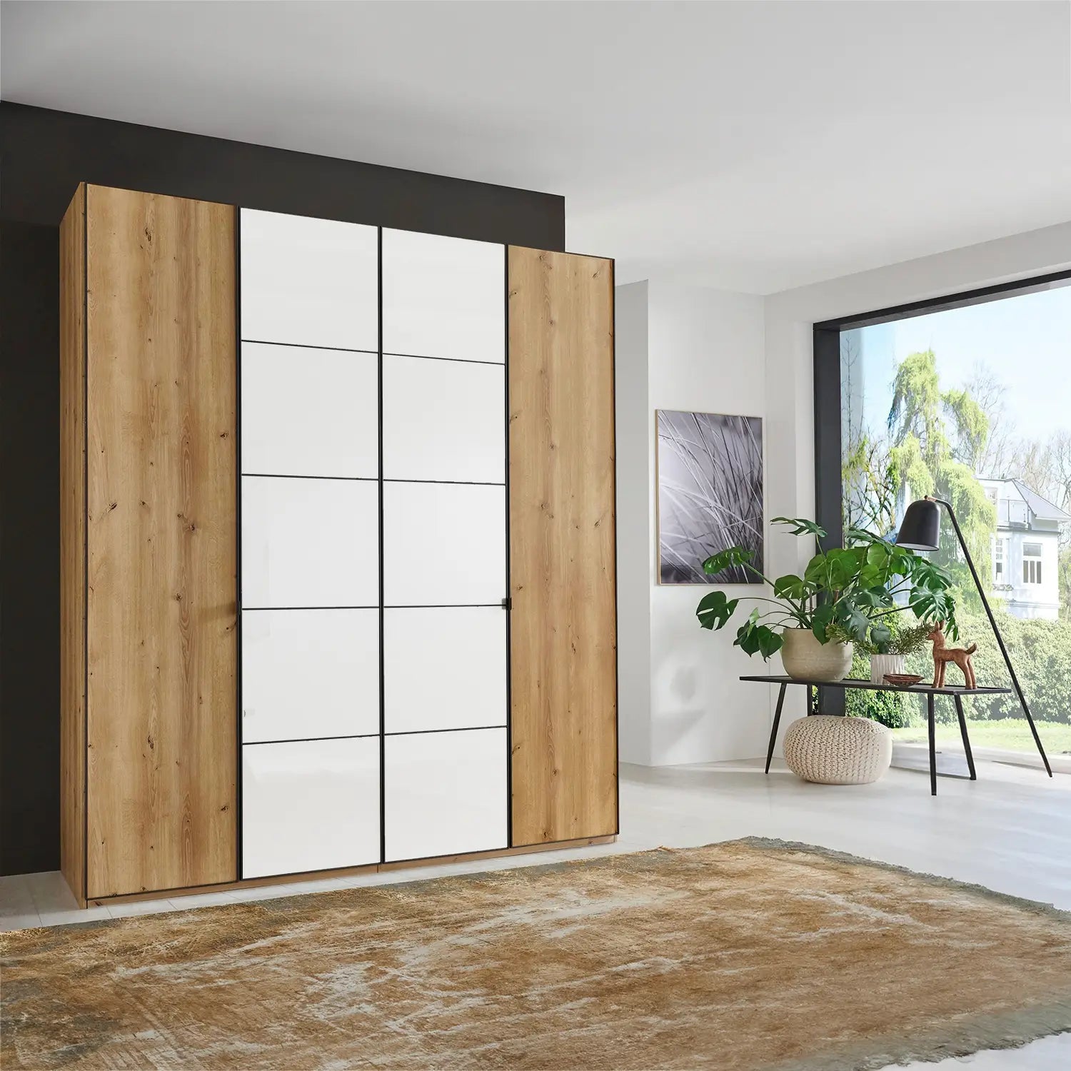 Zenith 200cm 4 Door Hinged Wardrobe Bianco Oak with White Glass