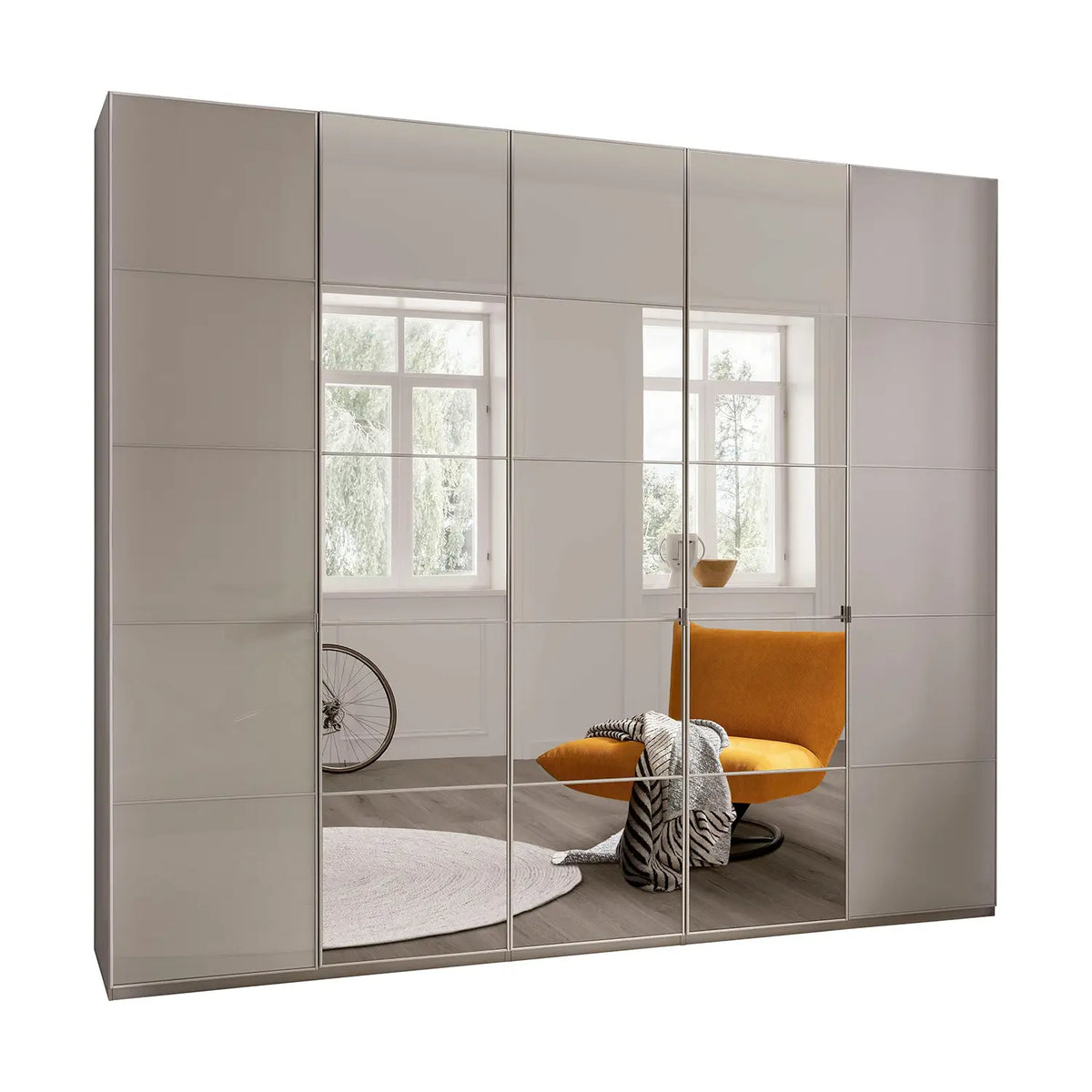 Zenith 250cm Champagne Glass 5 Door Wardrobe with Mirror