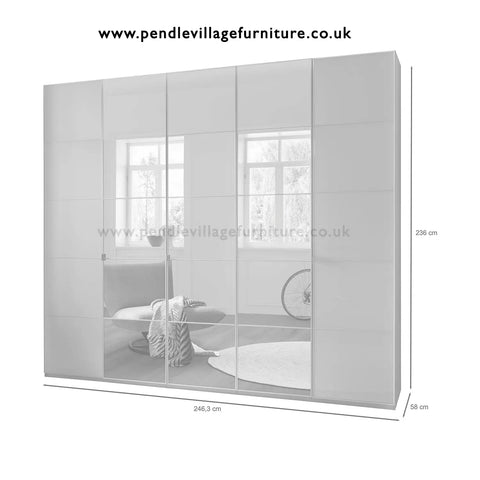 Zenith 250cm Champagne Glass 5 Door Wardrobe with Mirror Height 236cm