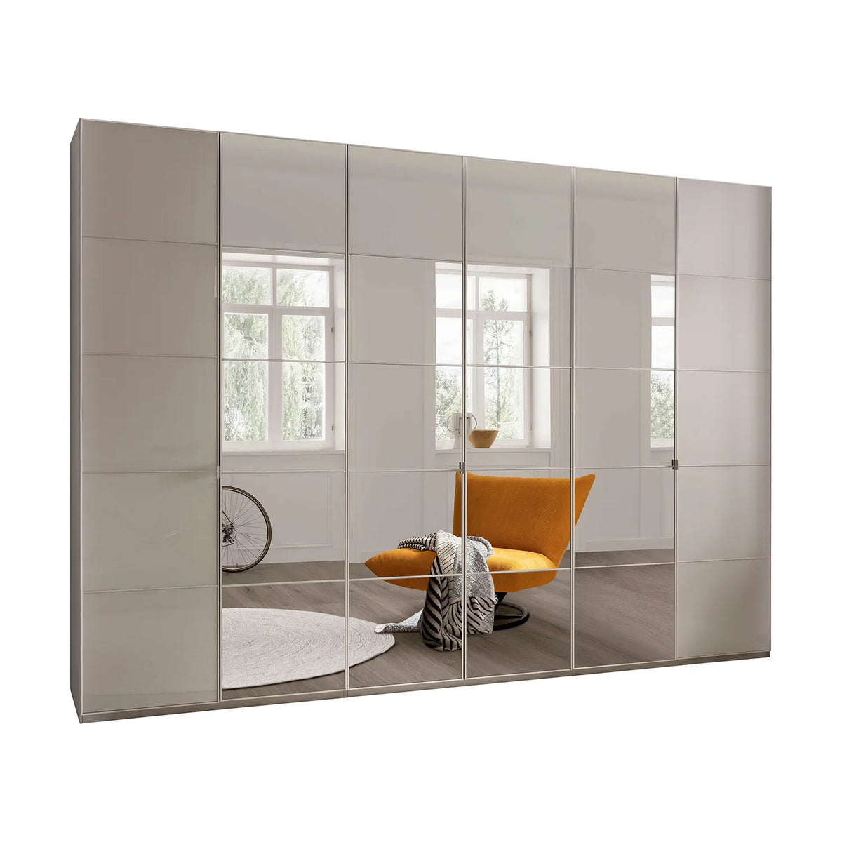 Zenith 300cm Champagne Glass 6 Door Wardrobe with Mirror